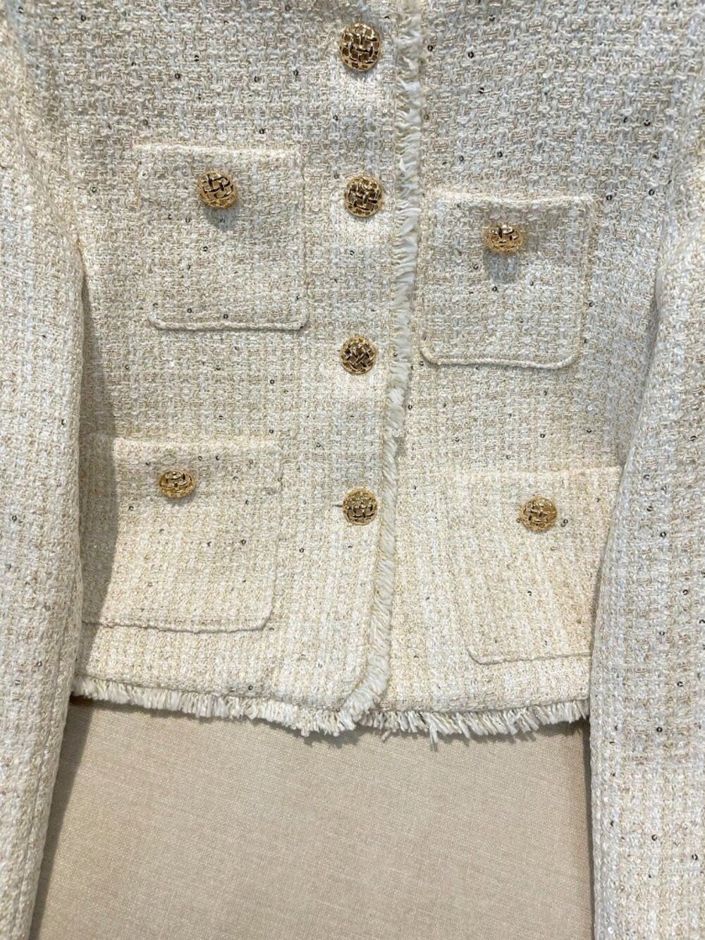 Beige Elegant Women's Casual Loose French Button Tweed Fringe Short Jacket - Picture 7 of 9